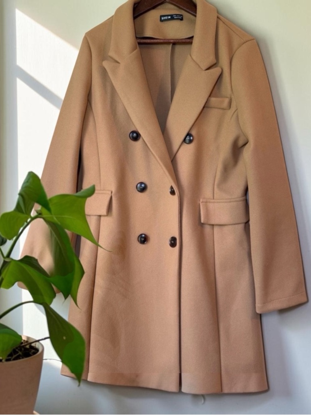 SHEIN Camel Double-Breasted Long Trench Coat Size L